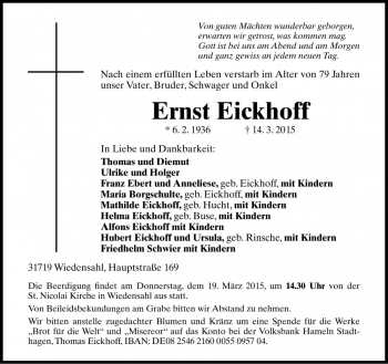 Traueranzeige von Ernst Eickhoff von Die Harke