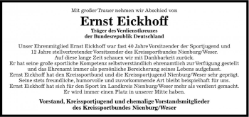 Traueranzeige von Ernst Eickhoff von Die Harke