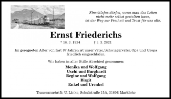 Traueranzeige von Ernst Friederichs von Die Harke