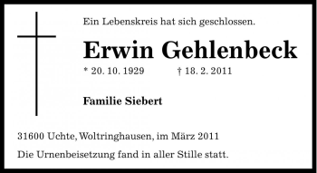 Traueranzeige von Erwin Gehlenbeck von Die Harke