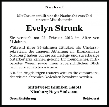 Traueranzeige von Evelyn Strunk von Die Harke