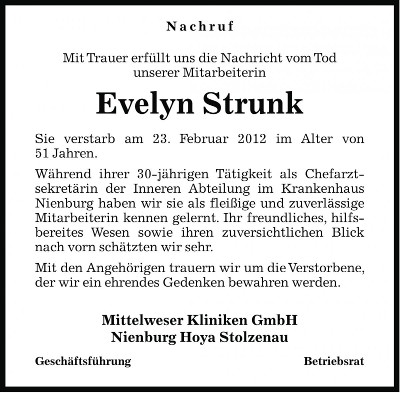  Traueranzeige für Evelyn Strunk vom 06.03.2012 aus Die Harke