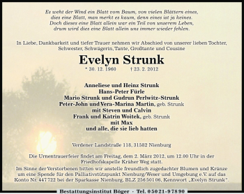 Traueranzeige von Evelyn Strunk von Die Harke