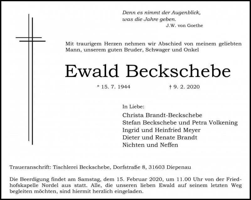  Traueranzeige für Ewald Beckschebe vom 12.02.2020 aus Die Harke
