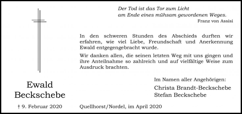  Traueranzeige für Ewald Beckschebe vom 11.04.2020 aus Die Harke