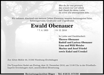 Traueranzeige von Ewald Obenauer von Die Harke