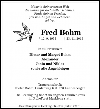 Traueranzeige von Fred Bohm von Die Harke