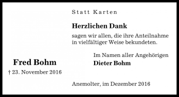 Traueranzeige von Fred Bohm von Die Harke