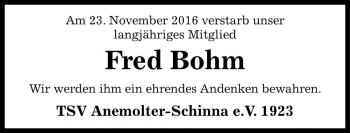 Traueranzeige von Fred Bohm von Die Harke