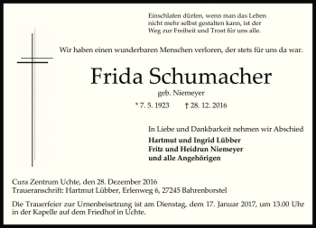 Traueranzeige von Frida Schumacher von Die Harke