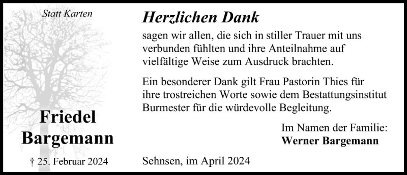  Traueranzeige für Friedel Bargemann vom 06.04.2024 aus Die Harke