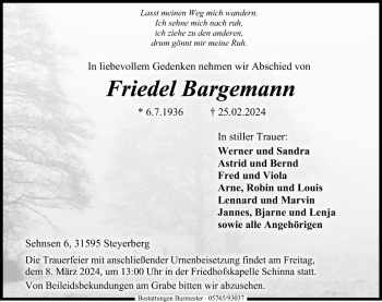 Traueranzeige von Friedel Bargemann von Die Harke