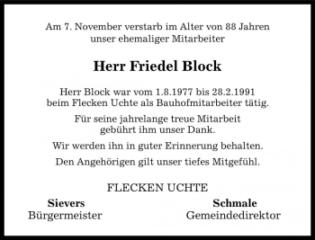 Traueranzeige von Friedel Block von Die Harke