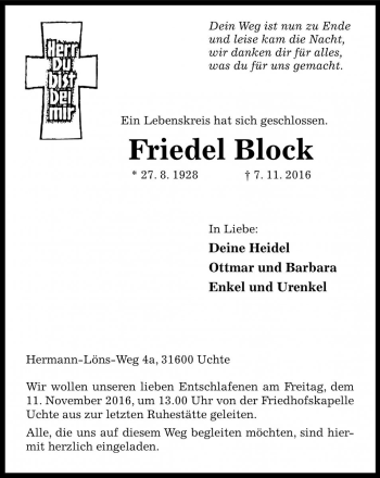 Traueranzeige von Friedel Block von Die Harke