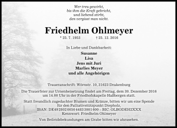 Traueranzeige von Friedhelm Ohlmeyer von Die Harke