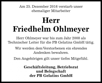 Traueranzeige von Friedhelm Ohlmeyer von Die Harke
