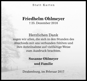 Traueranzeige von Friedhelm Ohlmeyer von Die Harke