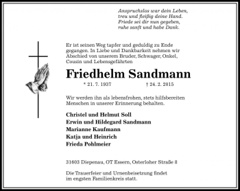 Traueranzeige von Friedhelm Sandmann von Die Harke