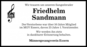Traueranzeige von Friedhelm Sandmann von Die Harke