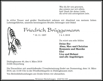 Traueranzeige von Friedrich Brüggemann von Die Harke