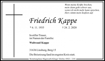 Traueranzeige von Friedrich Kappe von Die Harke
