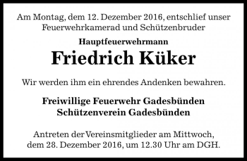 Traueranzeige von Friedrich Küker von Die Harke