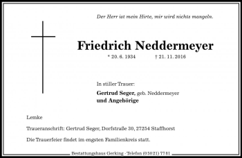Traueranzeige von Friedrich Neddermeyer von Die Harke