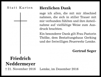 Traueranzeige von Friedrich Neddermeyer von Die Harke