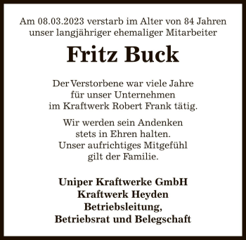 Traueranzeige von Fritz Buck von Die Harke