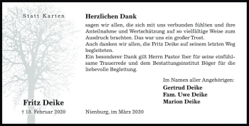 Traueranzeige von Fritz Deike von Die Harke