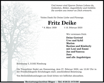 Traueranzeige von Fritz Deike von Die Harke