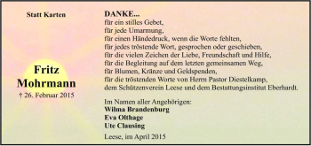Traueranzeige von Fritz Mohrmann von Die Harke