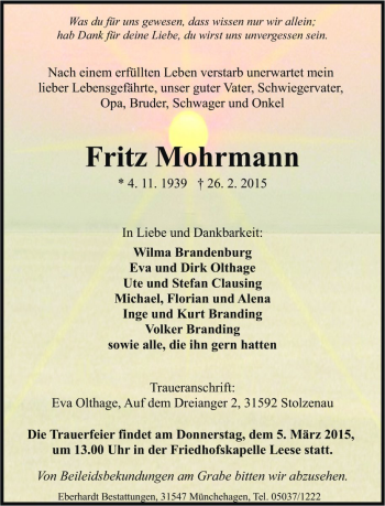 Traueranzeige von Fritz Mohrmann von Die Harke