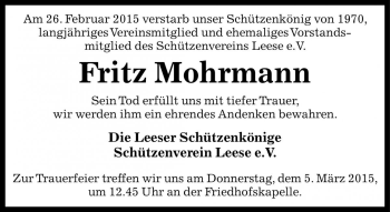 Traueranzeige von Fritz Mohrmann von Die Harke