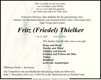 Traueranzeige von Fritz Thielker von Die Harke