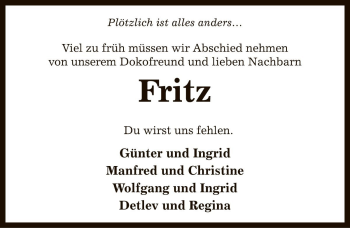 Traueranzeige von Fritz Wehrmann von Die Harke