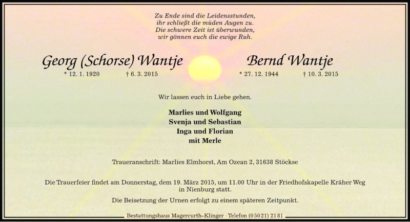  Traueranzeige für Georg Wantje vom 14.03.2015 aus Die Harke
