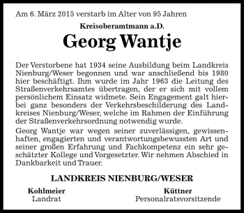 Traueranzeige von Georg Wantje von Die Harke