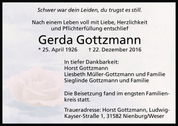 Traueranzeige von Gerda Gottzmann von Die Harke