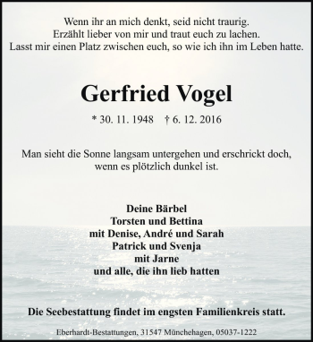 Traueranzeige von Gerfried Vogel von Die Harke