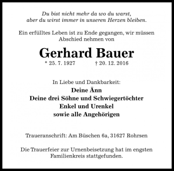 Traueranzeige von Gerhard Bauer von Die Harke