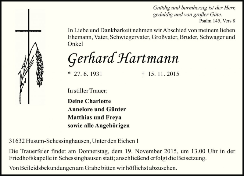  Traueranzeige für Gerhard Hartmann vom 17.11.2015 aus Die Harke
