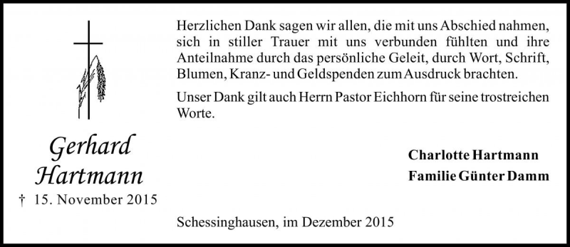  Traueranzeige für Gerhard Hartmann vom 19.12.2015 aus Die Harke