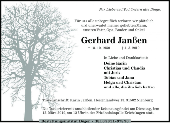 Traueranzeige von Gerhard Janßen von Die Harke