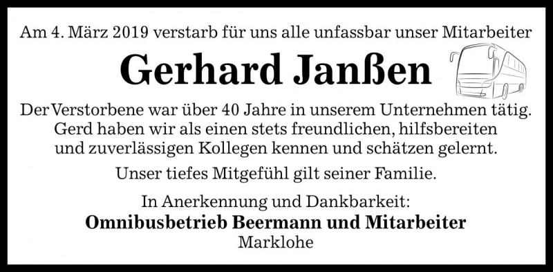  Traueranzeige für Gerhard Janßen vom 08.03.2019 aus Die Harke