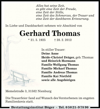 Traueranzeige von Gerhard Thomas von Die Harke