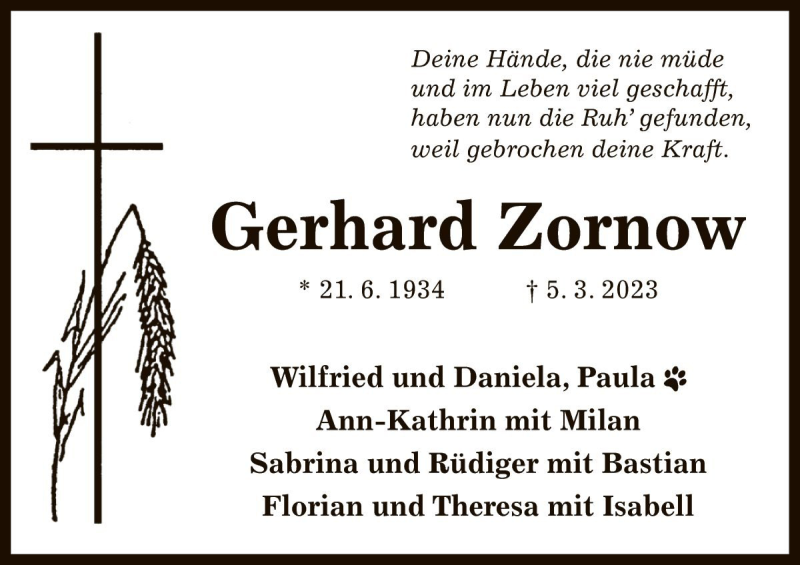  Traueranzeige für Gerhard Zornow vom 15.03.2023 aus Die Harke