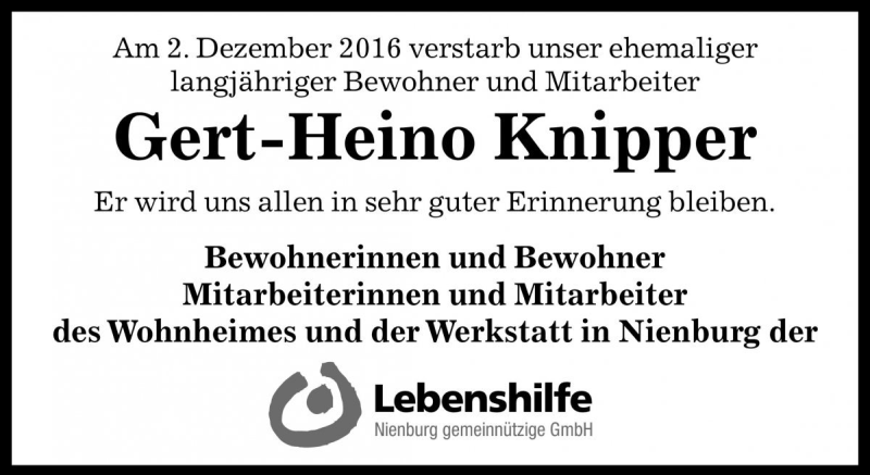  Traueranzeige für Gert-Heino Knipper vom 17.12.2016 aus Die Harke
