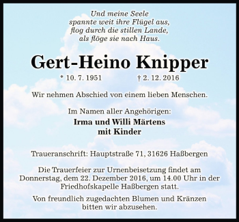Traueranzeige von Gert-Heino Knipper von Die Harke