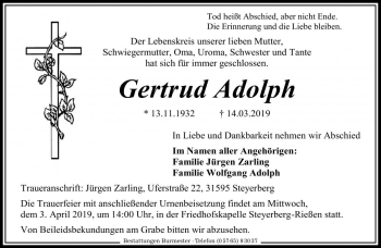 Traueranzeige von Gertrud Adolph von Die Harke